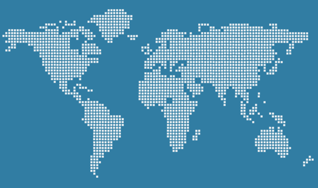 a world map with white continents on a blue background
