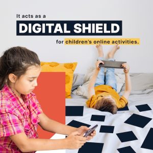 two kids holding a tablet and a mobile phone and the text written: It acts as a digital shield for children's online activities.