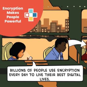 two people on bus and text written: 'Billions of people use encryption every day to live their best digital lives'