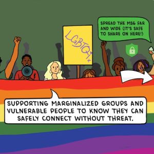 people protesting with LGBTQ+ flag and the text written: Supporting marginalized groups and vulnerable people to know they can safely connect without threat.